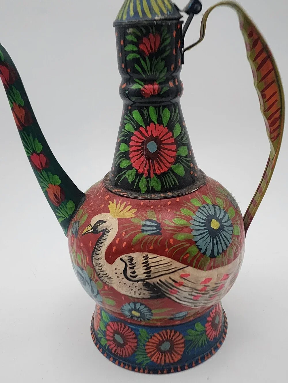 Vintage Boho Traditional Persian Folk Art Decorative Floral Motifs Tin Pitcher